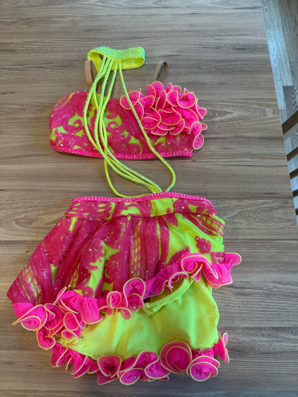 Girls Dance Costume Two-Piece Neon Pink and Lime Set - Size CM child medium
